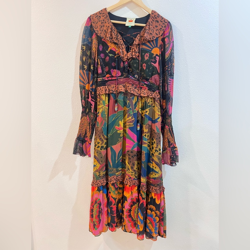 FARM RIO MIXED LEOPARDS JUNGLE LACE UP ROMANTIC MIDI DRESS - Picture 2 of 8